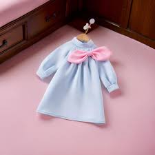 Autumn Baby Girls Dress Solid Color Casual Round Neck Long Sleeve Dress Bowknot Decoration Basic Simple Suitable for Daily Wear
